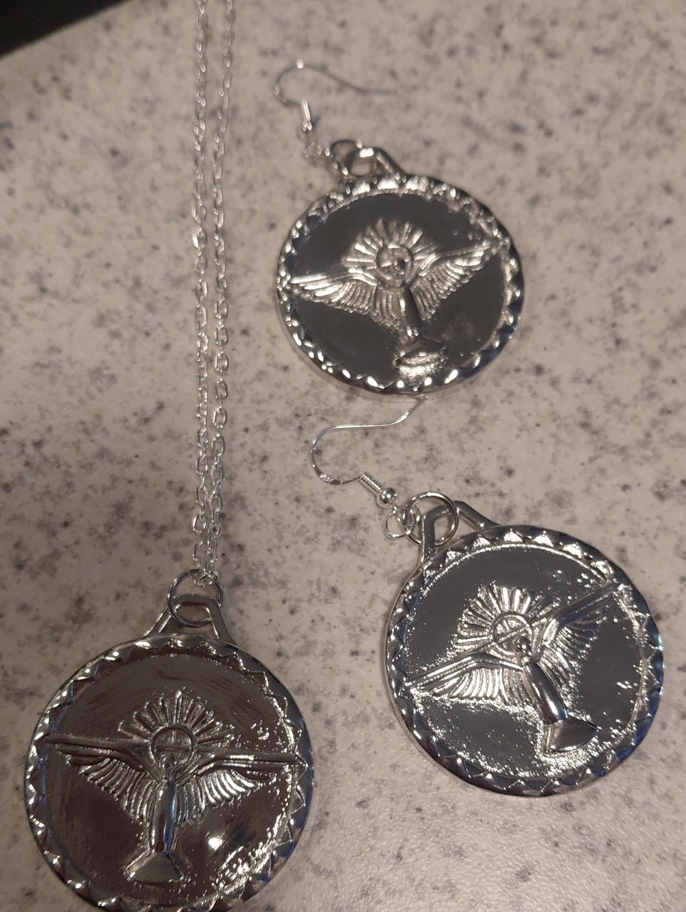 Silver Angel Wing Medallion Necklace & Earrings Set